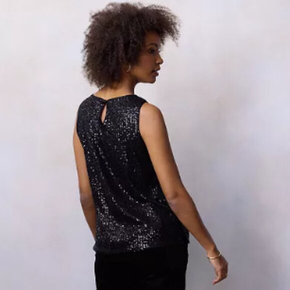 NWT Women's LC Lauren Black Sequin Conrad Scoop Neck Tank Top 3X keyhole back - Picture 2 of 13